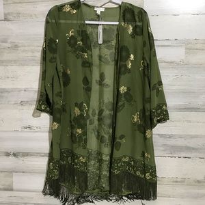 Sheer olive green kimono with bottom fringe
